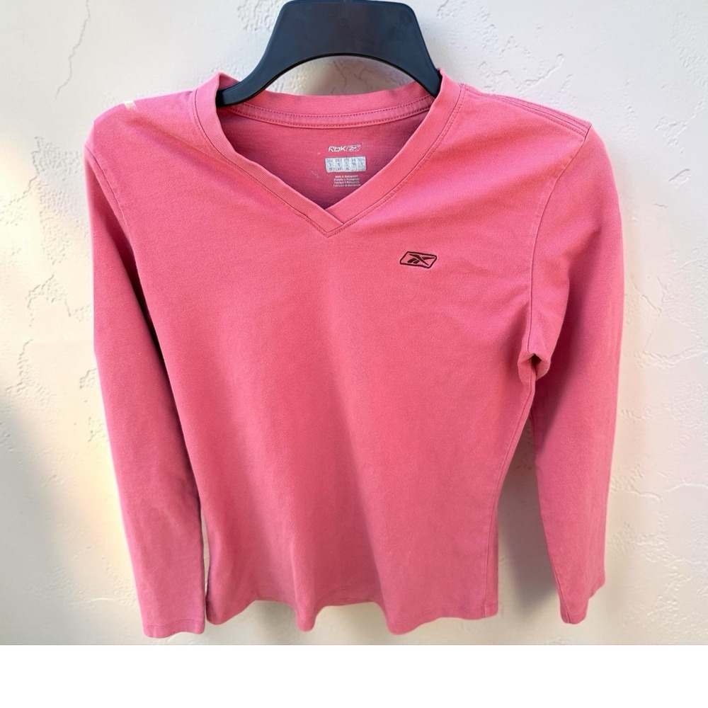 Reebok Long Sleeve V-Neck Pink Knit Top S Logo Pullover Casual Cotton